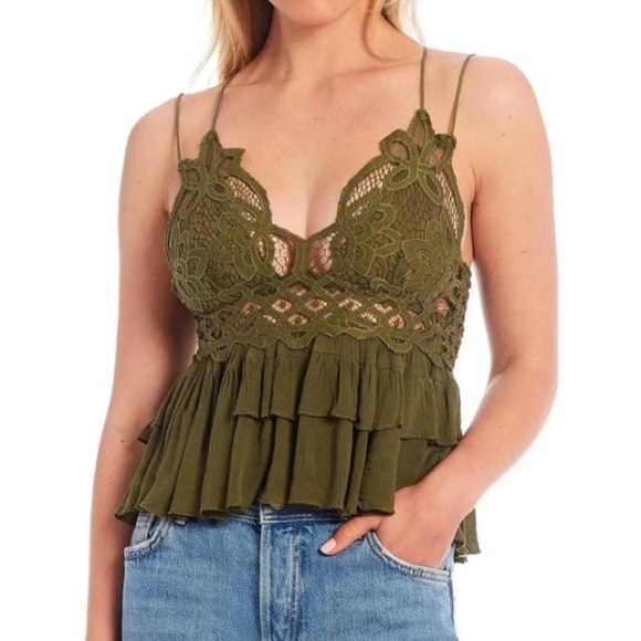 Free People | NWT Green Adella Lace Smocked Cami Top Olive Sparrow L - Picture 4 of 6